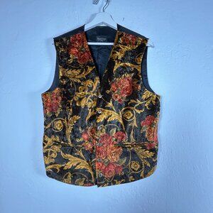 Burtons Mens Floral Tapestry Vest Small Black Gold Button-Front V-Neck Lined